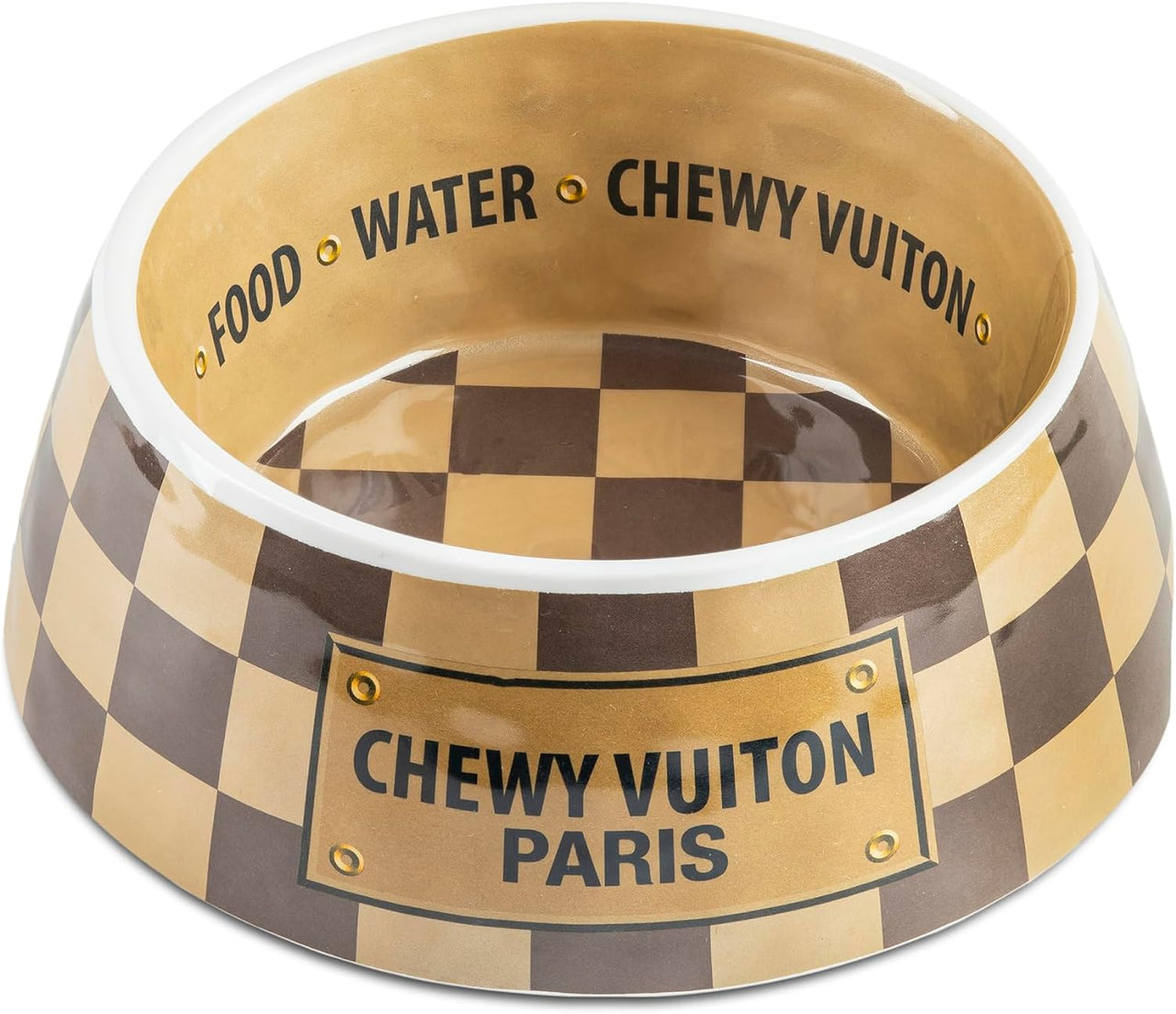 Molly Pistachio™ | Brown Checker Chewy Vuiton Food Mat & Bowls