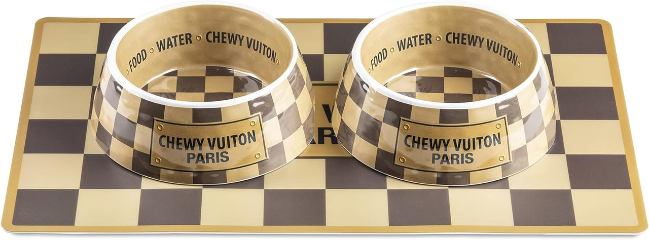 Molly Pistachio™ | Brown Checker Chewy Vuiton Food Mat & Bowls