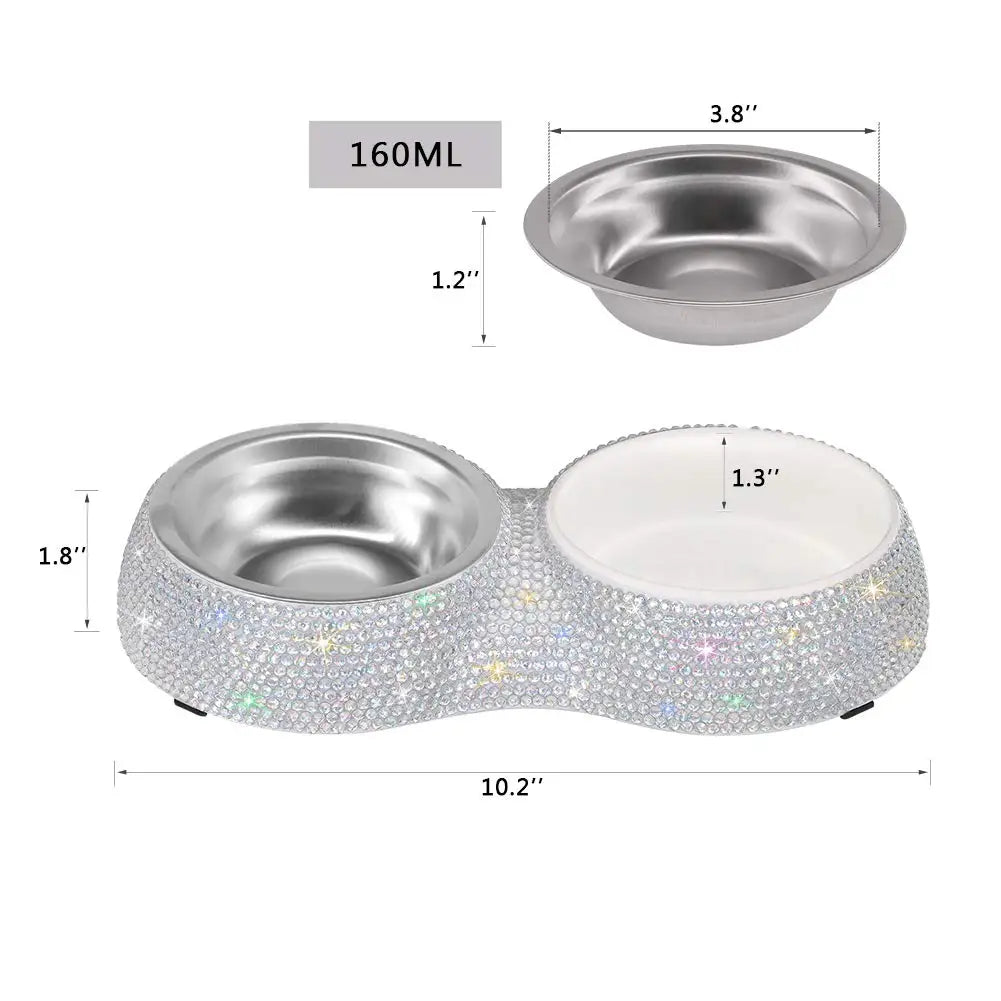 Sparkling Diamond Stainless Steel Double Pet Food Bowl Pet Drinking Food Dog Food Puppy Feeding Supplies Cat Products